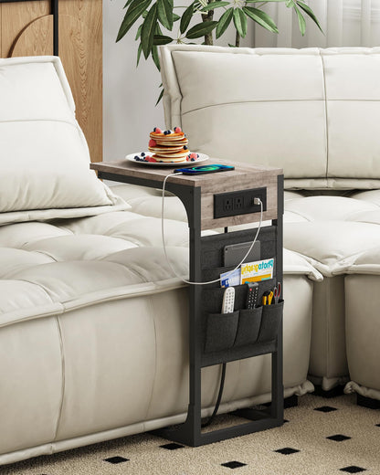 TUTOTAK C Shaped End Table with Charging Station, Side Table for Sofa, Couch Table with Storage Bag, TV Tray Table with 2 USB Ports and Outlets for Living Room, Bedroom TB01BG024