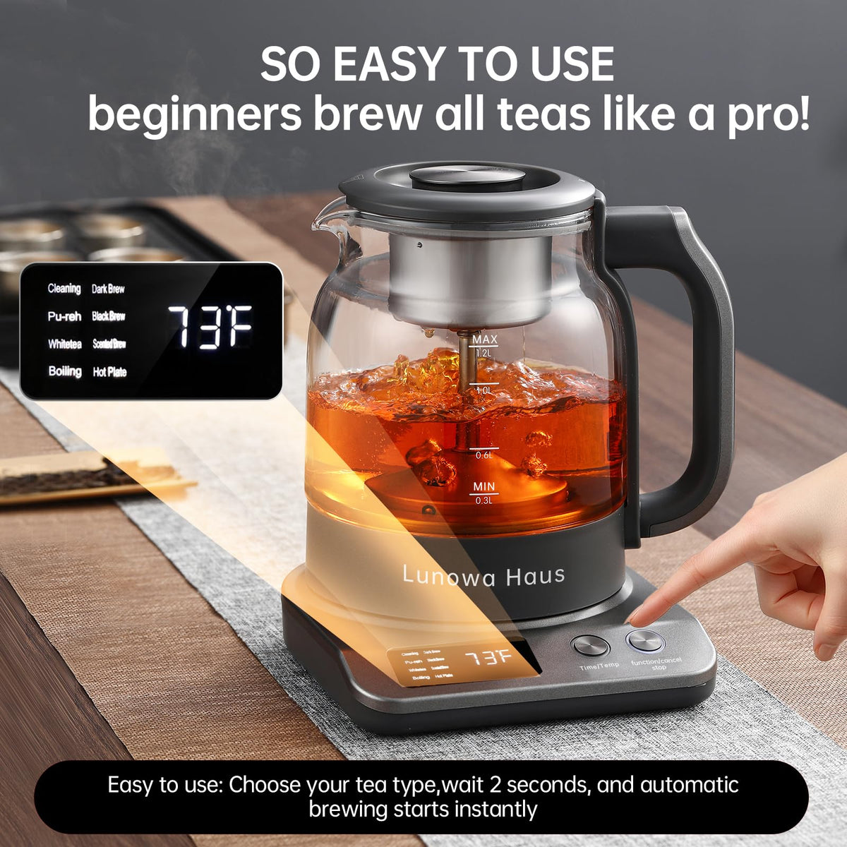 Lunowa Haus 120V Titanium & Glass Electric Tea Kettle, Pro Steam Extraction for All Teas (Green, Black, Oolong), 11 Temp & 10 Strength Levels, 1.2L, 12H Keep Warm, BPA-Free, 2 Infusers