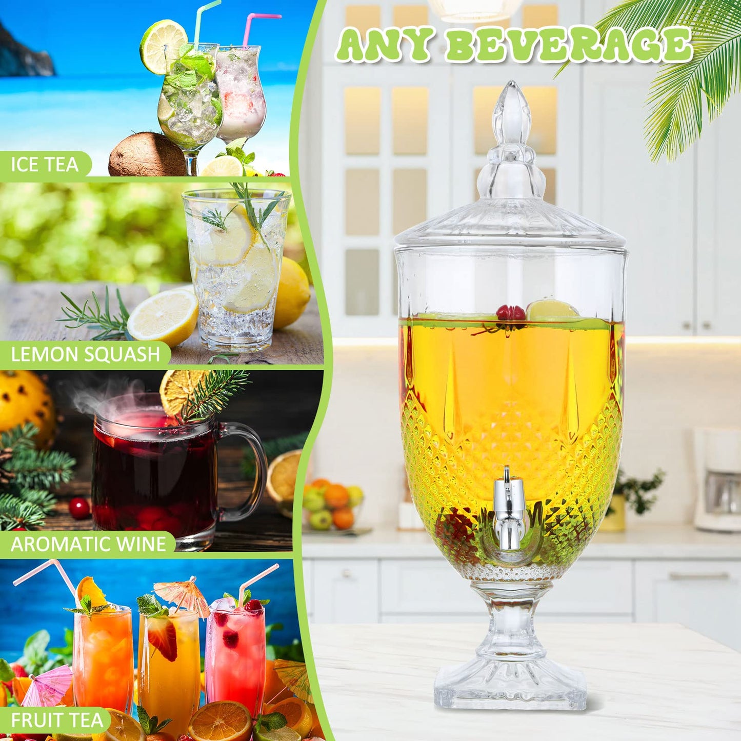 Bokon 2 Pieces 1.3 Gallon Drink Dispensers for Parties Crystal Iced Beverage Dispenser with Stand and Spigot, Glass Liquid Containers Wide Mouth Beverage Server for Juice Tea Wedding(Exquisite)