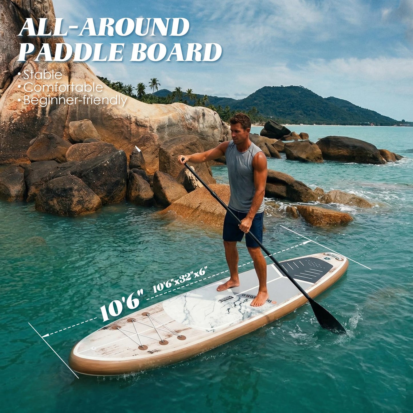 Inflatable Paddle Board, 10'6" x 32" Sup Board with High-Density Brushed Anti-Slip Deck, Double Scratch & Wear Resistance Full-Print Woodgrain Design, All-Around Stand Up Paddle Board