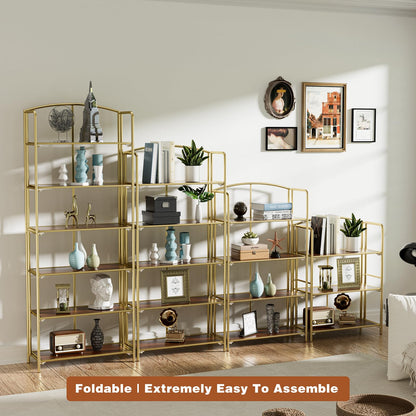 Crofy Folding Bookshelf for Living Room, 5 Tier Gold Collapsible Book Shelf for Home Office, Portable Bookcase Storage Organizer