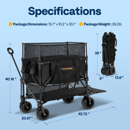 VIVOHOME 500L Large Capacity Double Decker Collapsible Wagon 500lbs Heavy Duty Utility Folding Cart with Big Wheels 53" Extended for Camping, Sports