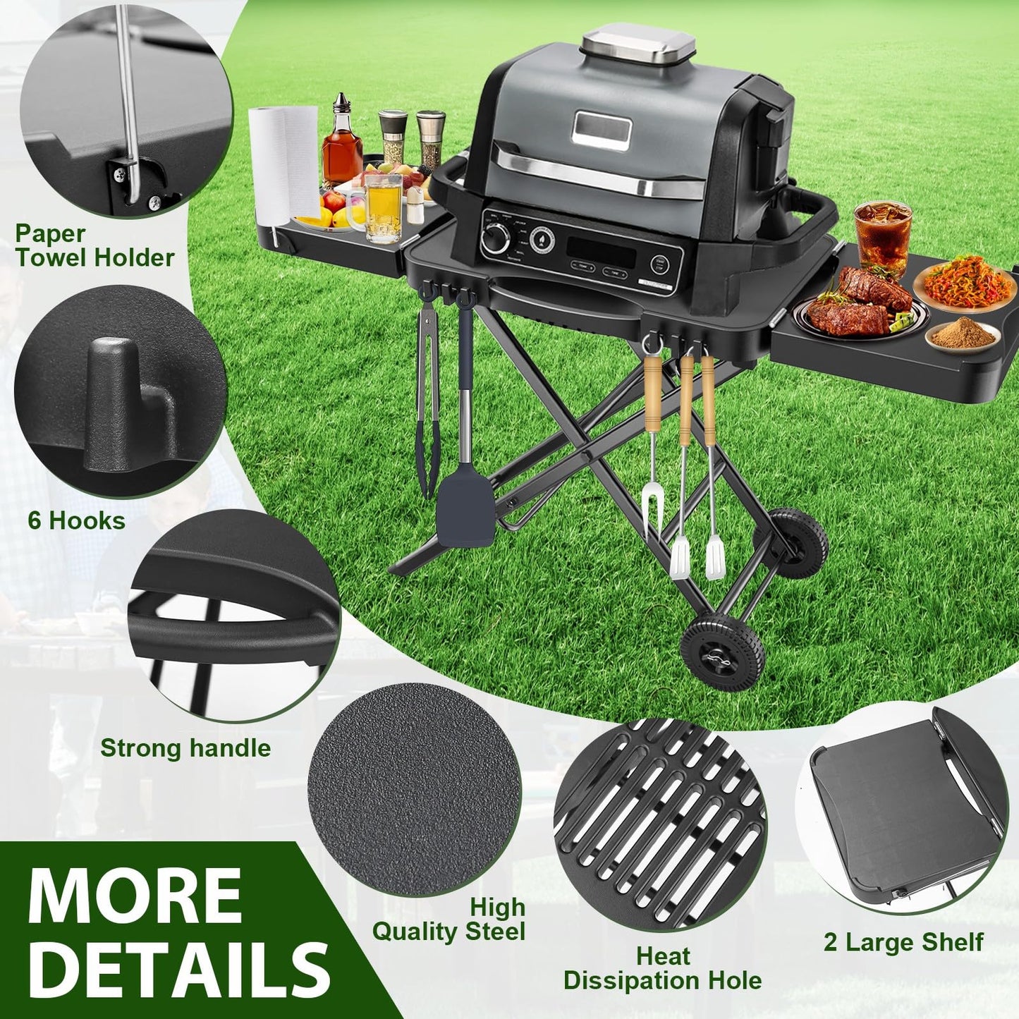 BBQMall Portable Indoor Grill Table Stand for Ninja Woodfire Outdoor Grill(OG701 OG850 OG951 Series), 51in Large Space, Folding Camping Tailgating Table for Blackstone Griddle/Onni Pizza Oven,2 Wheels