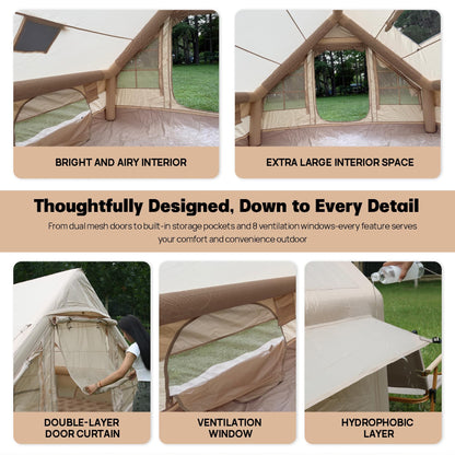 2026 New Inflatable Tent for Camping 68 sq.ft, 4 Person Blow Up Tent with Stove Jack & Hand Pump, Khaki Waterproof Oxford Air Glamping Tent, Easy Setup 4 Season Luxury Cabin Tent for Outdoor Family