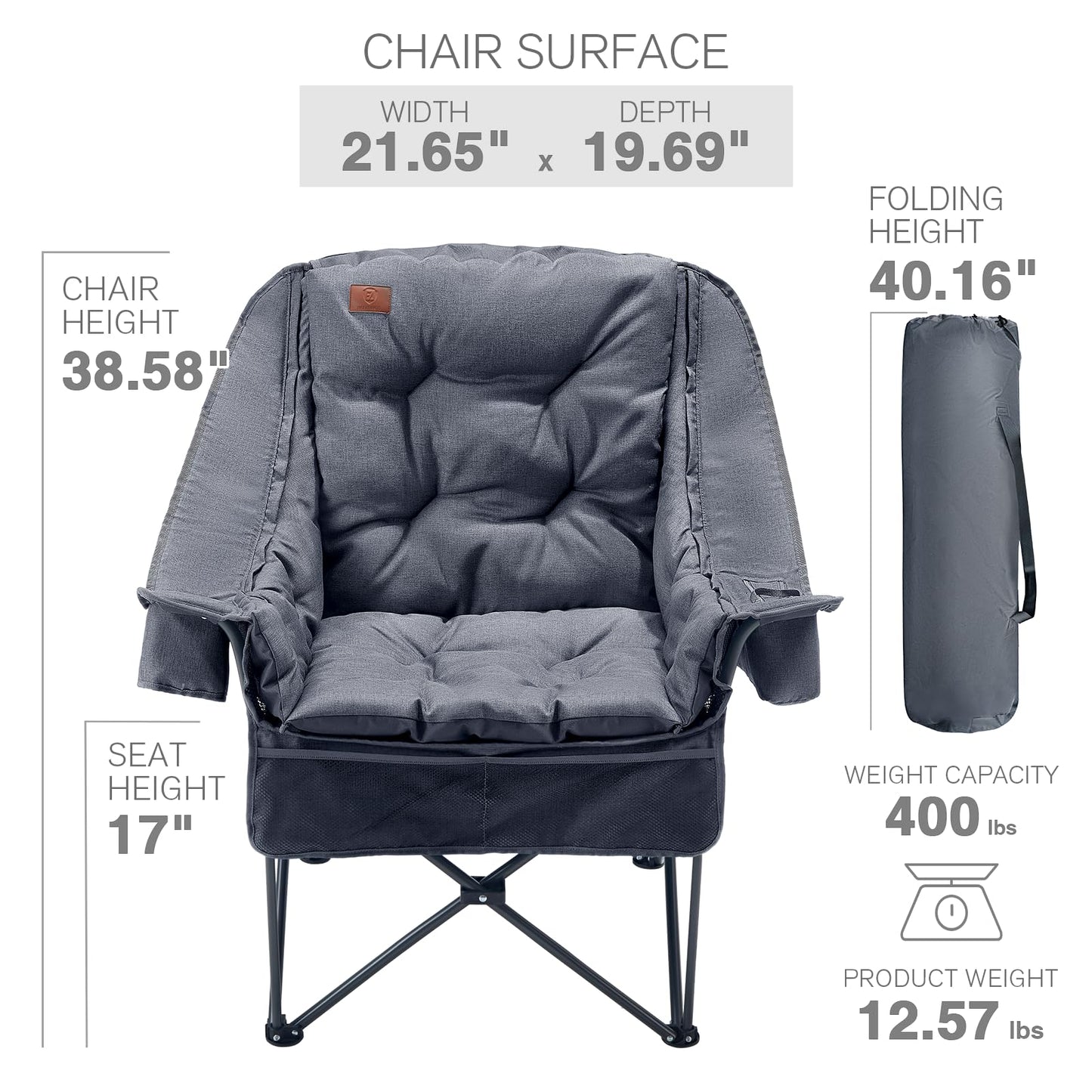 EVER ADVANCED XL Camping Chair with Detachable Cushion, Mesh Chair for Adults Foldable, Oversized Heavy Duty Folding Chair with Cooler Mesh Pocket Cupholder Outdoor Fishing, Supports 400LBS Grey
