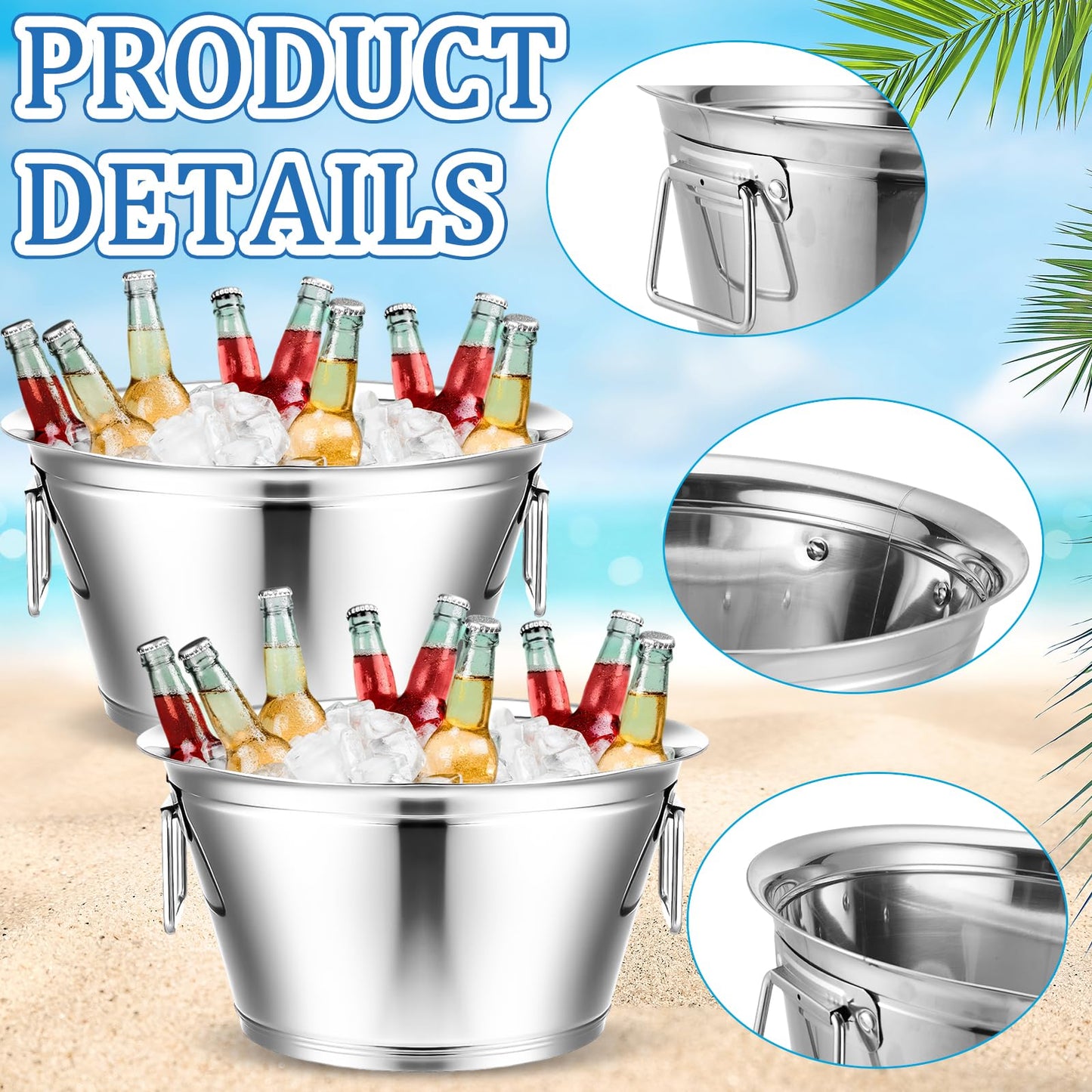 Maxdot 2 Pcs Stainless Steel Beverage Tub Large Champagne Buckets 20-Quart 5-Gallon Insulated Ice Bucket for Parties with Double Hinged Handle Heavy Duty Drink Cooler Tub Wine Beer Chiller for Party