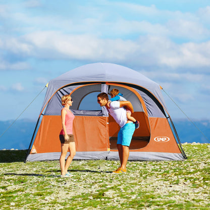 UNP Tents 6 Person Waterproof Windproof Easy Setup,Double Layer Family Camping Tent with 1 Mesh Door & 5 Large Mesh Windows -10'X9'X78in(H) Orange
