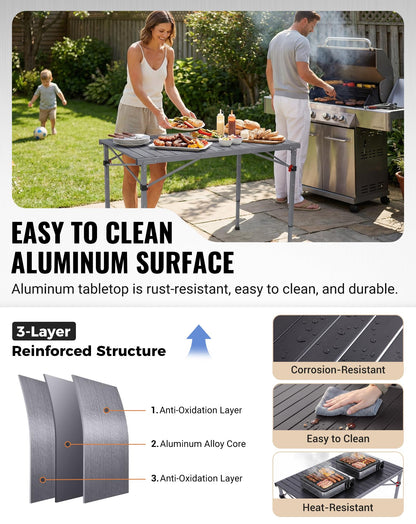 KingCamp Folding Camping Table Foldable Loads 265 Lbs, 42.1"× 27.6" Portable Table 3 Adjustable Height Aluminum Roll Up Camp Table with Carry Bag for Camping Picnic BBQ Backyard, Indoor & Outdoor