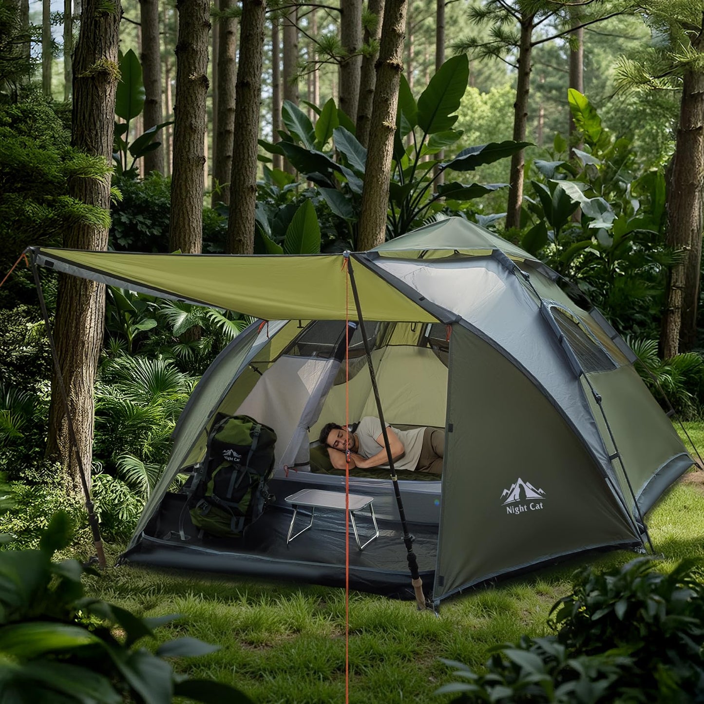 Night Cat Pop Up Tent 2-3 Persons Instant Set Up Tent with Footprint Tarp & Porch, Automatic Double Layer Waterproof Camping Tent with Rainfly Trekking Pole Not Included