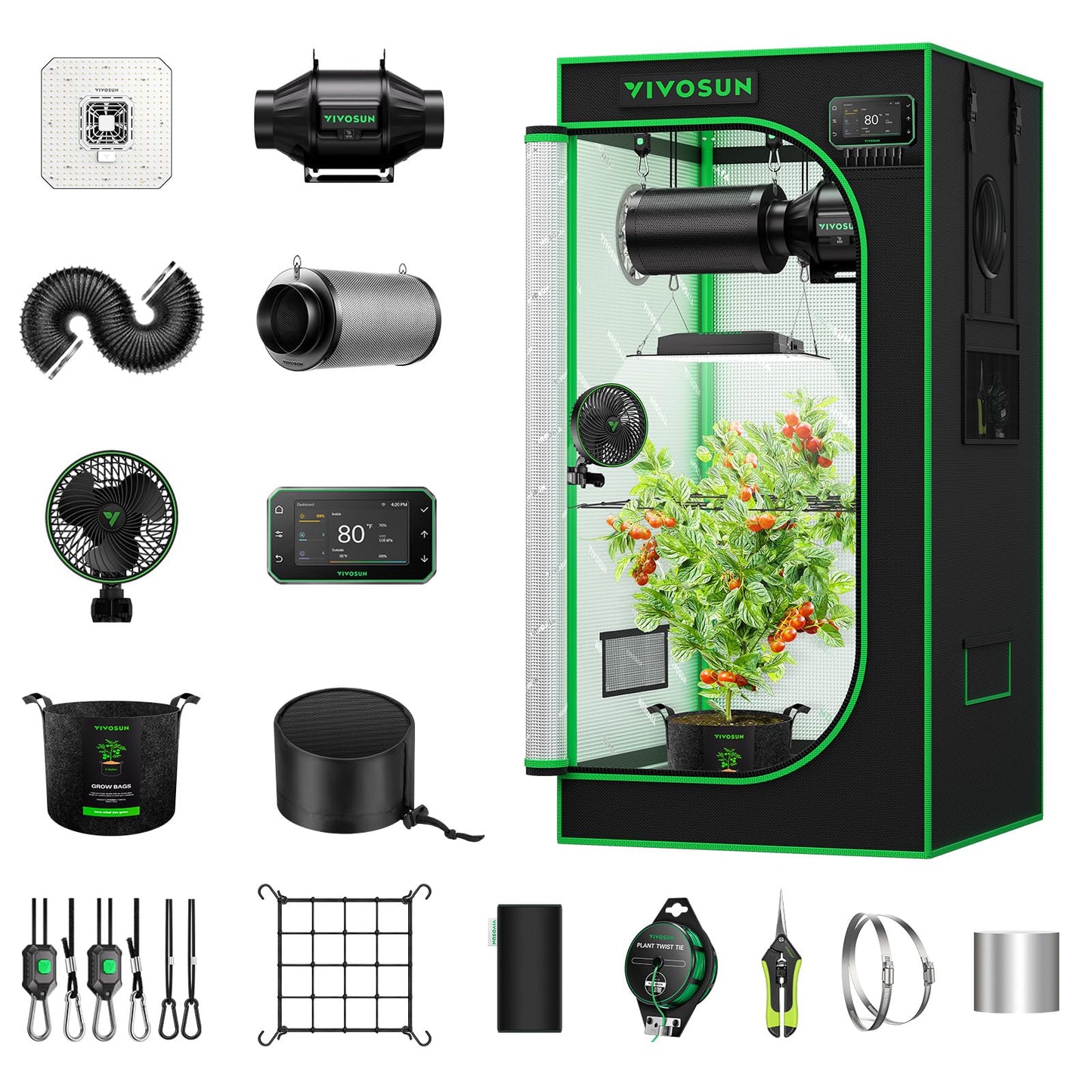 VIVOSUN Smart Pro Grow Tent Kit, 2 × 2ft 1-Plant Kit, WiFi-Integrated Automatic Control with GrowHub E42A+, 2-in-1 Tunable Spectrum LED Grow Light, 360° Ventilation & Circulation Control System