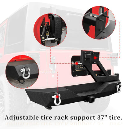 LEDKINGDOMUS Rear Bumper with Tire Carrier and 2" Hitch Receiver Compatible with 07-18 Wrangler JK JKU Rubicon Sahara Sports Model Offroad Rock Crawler Bumper Textured Black