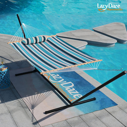 Lazy Daze Hammocks 12 FT Sunbrella Fabric Hammock Non-Fading with Spreader Bars and Free Pillow Fits for 2 Persons, All Weather and Fade Resistant for Patio Yard, 450 lbs Capacity, Token Surfside