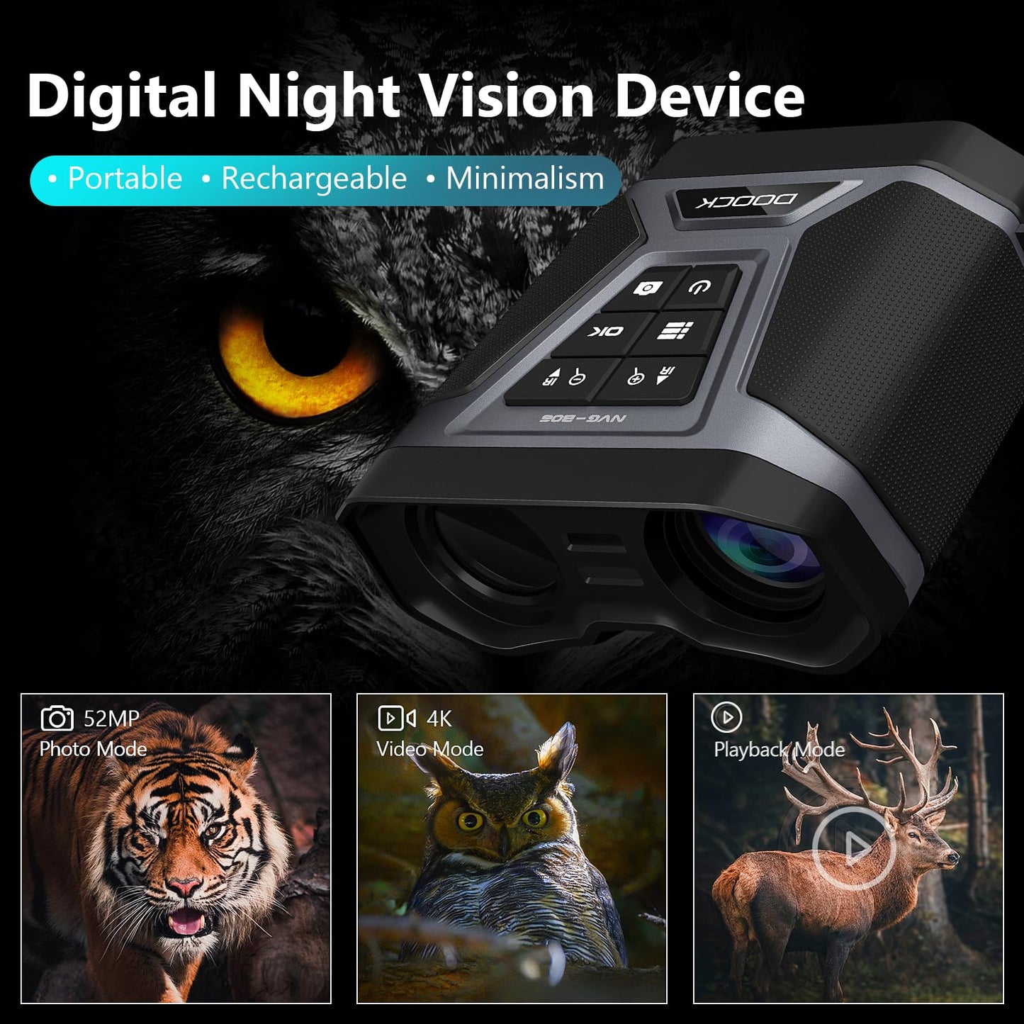 DOOCK Night Vision Goggles, Full-Color 4K Night Vision Binoculars with 5200mAh Rechargeable, 8X Digital Zoom, 4K UHD Video & 52MP Image, Infrared NVG Goggles for Camping Hunting & Security (Black)