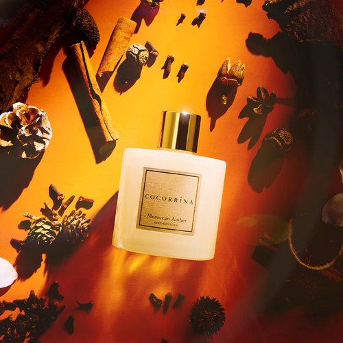 COCORRÍNA Reed Diffuser - Moroccan Amber 6.7 Fl. Oz Set with Sticks & Preserved Baby's Breath | Home Decor