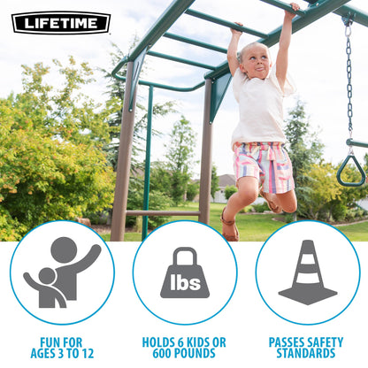 Lifetime Monkey Bar Adventure Swing Set, Outdoor Playset with Monkey Bars, 3 Swings, Trapeze Bar, Slide, Fireman’s Pole, UV‑Resistant Powder‑Coated Steel, Backyard Playground for Kids