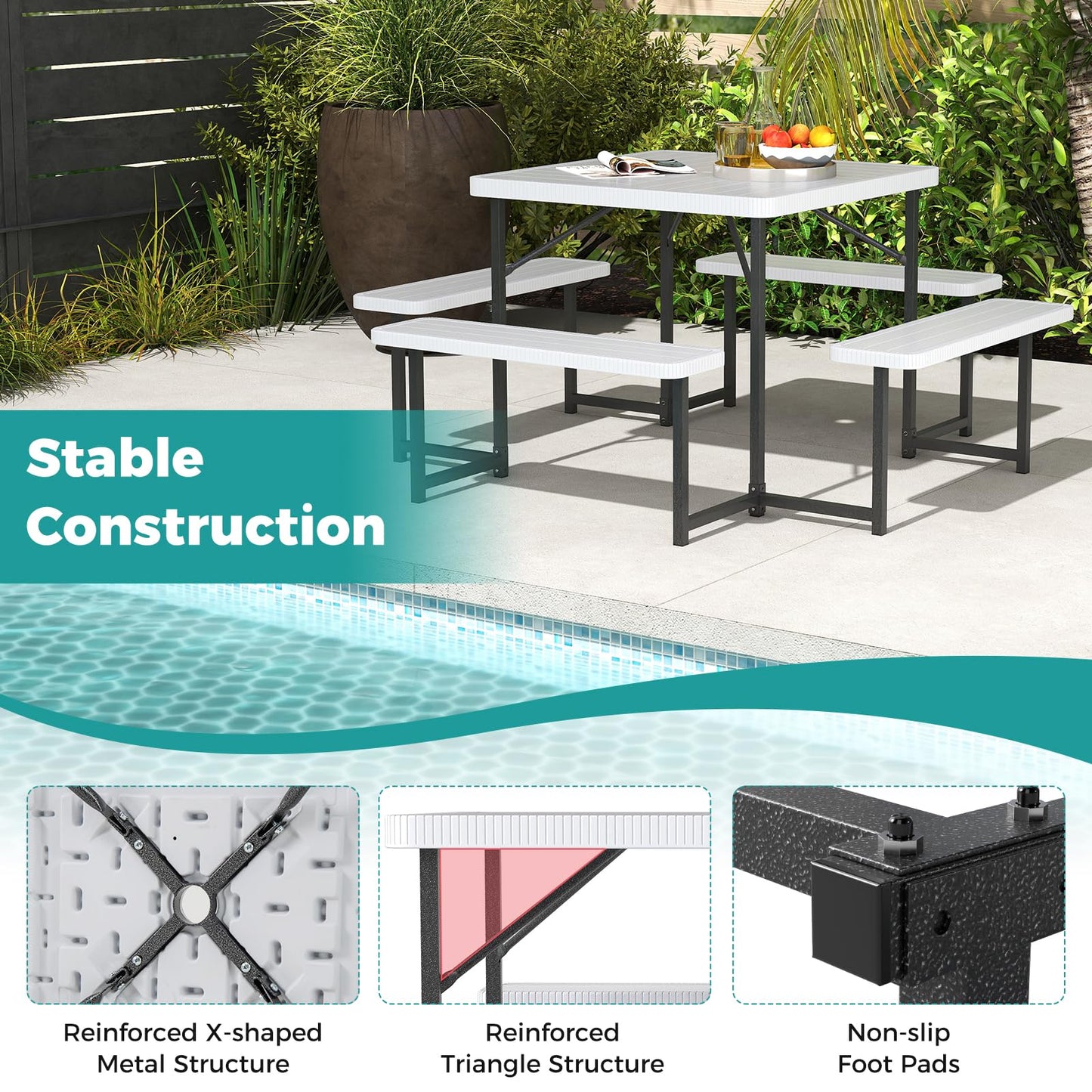 Giantex Picnic Table Bench Set for 4-8 People, 34" Outdoor Square Dining Table & 2 Benches w/Umbrella Hole, HDPE Tabletop, Metal Frame, Patio Camping Furniture for Backyard Porch Lawn (White,Square)