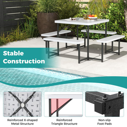 Giantex Picnic Table Bench Set for 4-8 People, 34" Outdoor Square Dining Table & 2 Benches w/Umbrella Hole, HDPE Tabletop, Metal Frame, Patio Camping Furniture for Backyard Porch Lawn (White,Square)
