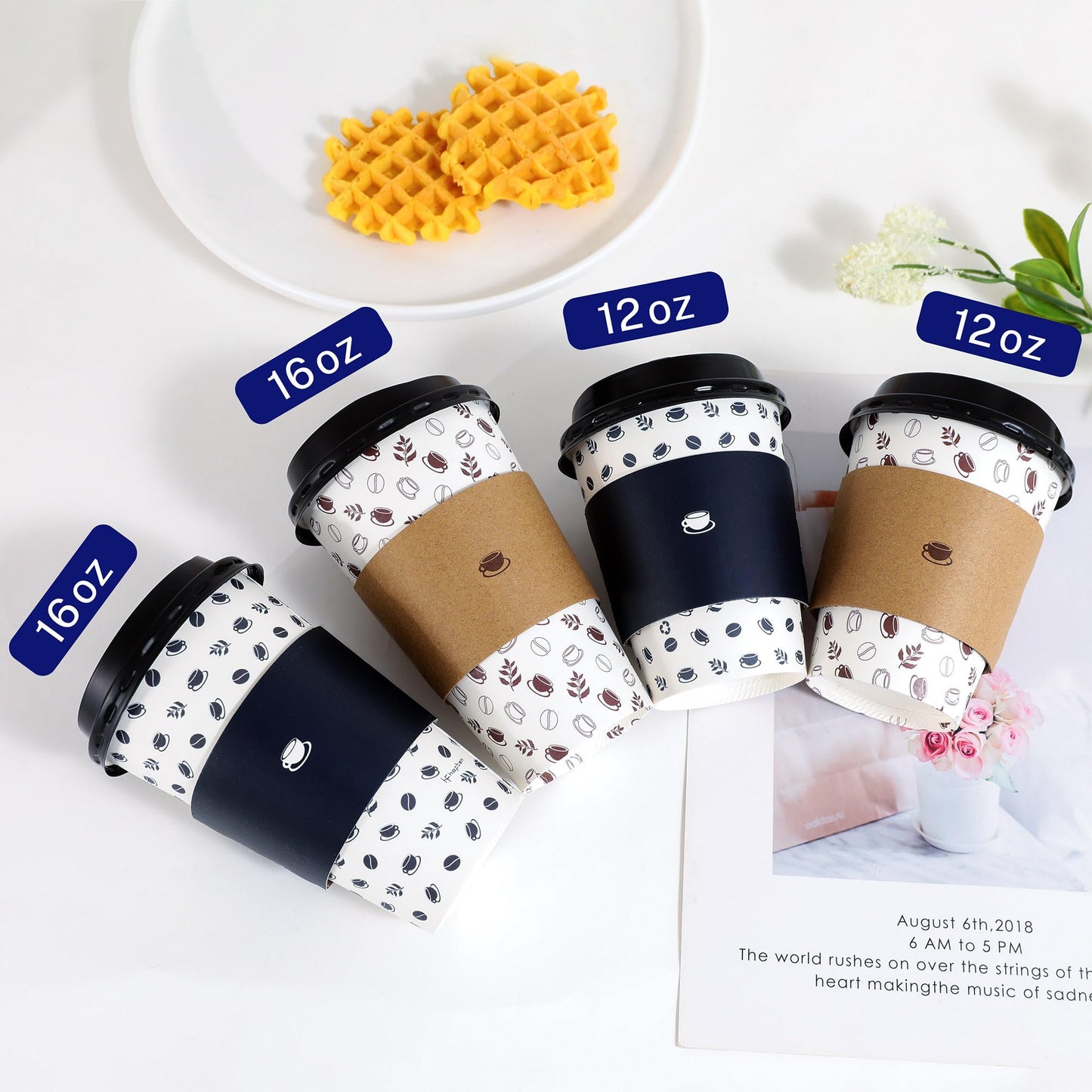 12oz To Go Coffee Cups with Lids, Sleeves and Stirrers (100 Pack), Disposable Paper Cups with two Designs for Home, Business and Café. Hot/Cold Beverage Drinking Cups for Water, Juice or Tea.