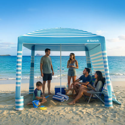 Gorich Beach Cabana with UPF50+ UV Protection, 8x8 FT/10x10 FT Beach Canopy Tent with Side Wall, Easy Setup, Windproof Portable Sun Shelter Shade for Family