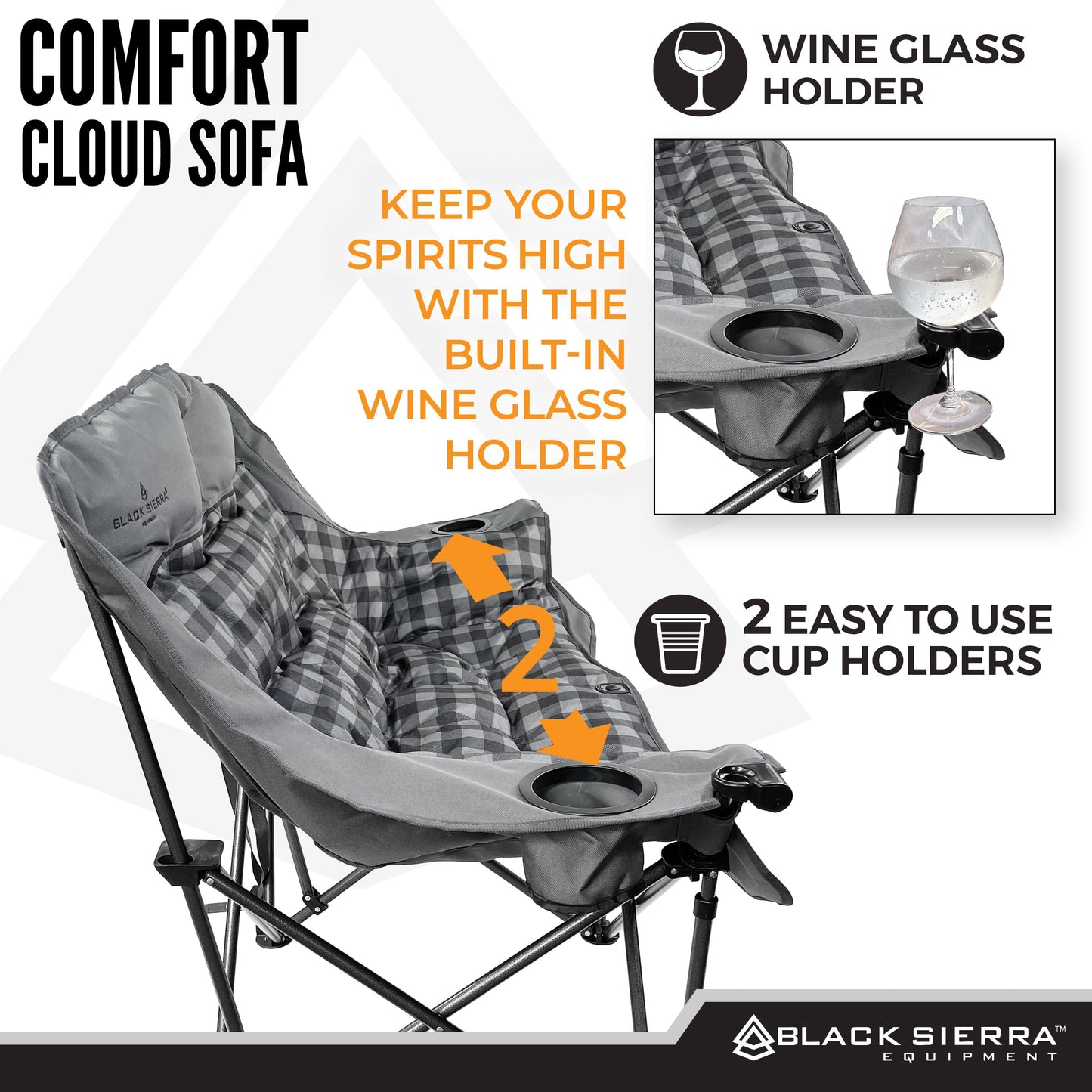 Black Sierra Double Loveseat Comfort Camping Couch, Oversized Folding Chair for Adults, 600‑lb Capacity, Plush Padded Heavy Duty Outdoor Seat with Cup Holders & Carry Bag for Beach, RV