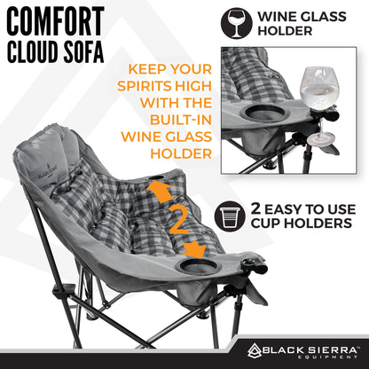 Black Sierra Double Loveseat Comfort Camping Couch, Oversized Folding Chair for Adults, 600‑lb Capacity, Plush Padded Heavy Duty Outdoor Seat with Cup Holders & Carry Bag for Beach, RV