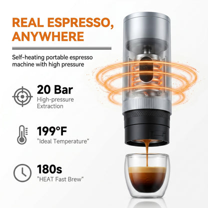Portable Coffee Maker Electric Espresso Machine, 20 Bar Coffee Espresso Maker for Travel Self-Heating, Battery Powered with USB-C, 7800mAh, 2-IN-1 for Ground Coffee & NS Capsule, for Hiking, Office,RV