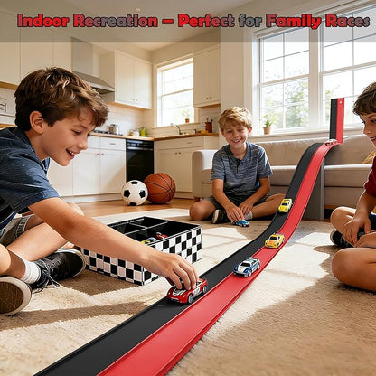 Flexible Race Track 15 Ft Starter Set Flex Tracks for Kids 3+ with Strong Suction Cups Flexible Car Race Ramp Track Compatible with Hot Wheels and Diecast 1/64 Cars Portable Rolls Up Race Tracks