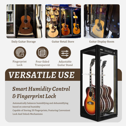 Guitar Display Case with Humidification & Constant Temperature, Smart Touch Control & Fingerprint Lock, Adjustable Racks for 3 Acoustic/4 Electric,GuitarsTransparent Cabinet (Four-sided glass)