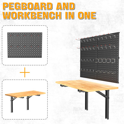 Ultrawall Heavy Duty Folding Workbench with Pegboard – Wall-Mounted Work Table for Garage & Workshop with Accessories
