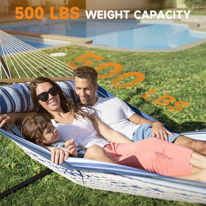 Everyfun 2 Person Outdoor Hammock with Stand, Cotton Rope Hammock with Polyester Pad, Adjustable Steel Frame, Portable with Carrying Bag – for Patio, Backyard, Garden, Beach, Blue