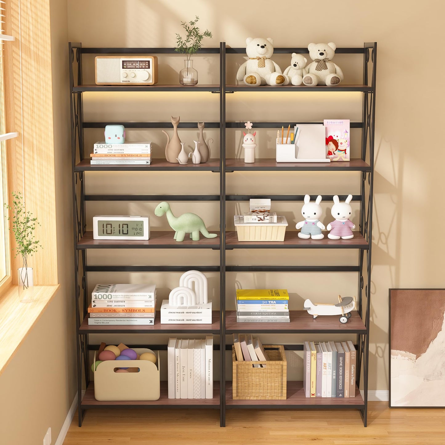 VECELO Folding Bookshelf,5 Shelf Bookcase No Assembly, Industrial Metal Frame Shelves Rack Organizer for Living Room, Office,Walnut 2 Set