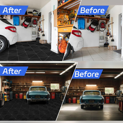 Barydat 72 Pcs 12'' x 12'' Garage Floor Tiles, Interlocking Drainage Flooring, Heavy Duty Non Slip Polypropylene, Easy Install for Garage Deck, Pool, Patio, Shower (Black)