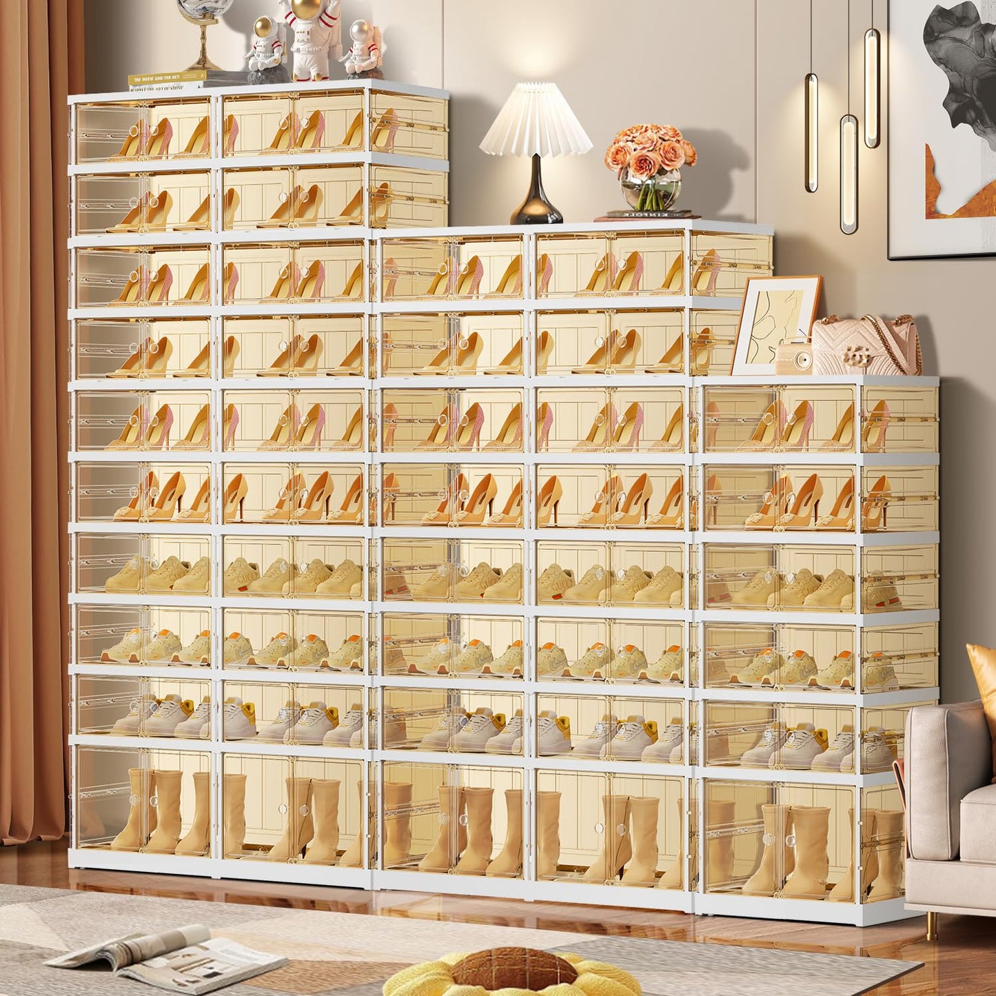 EHAMILY 10 Tiers 20-40 Pairs Foldable Shoe Rack for Closet Plastic Stackable Shoe Boxes for Garage Collapsible Shoes Shelf with Doors Storage Organizer Cabinet Quick Assembly,Brown