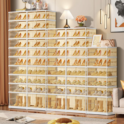 EHAMILY 8 Tiers 16-32 Pairs Foldable Shoe Rack for Closet Plastic Stackable Shoe Boxes for Garage Collapsible Shoes Shelf with Doors Storage Organizer Cabinet Quick Assembly,Brown