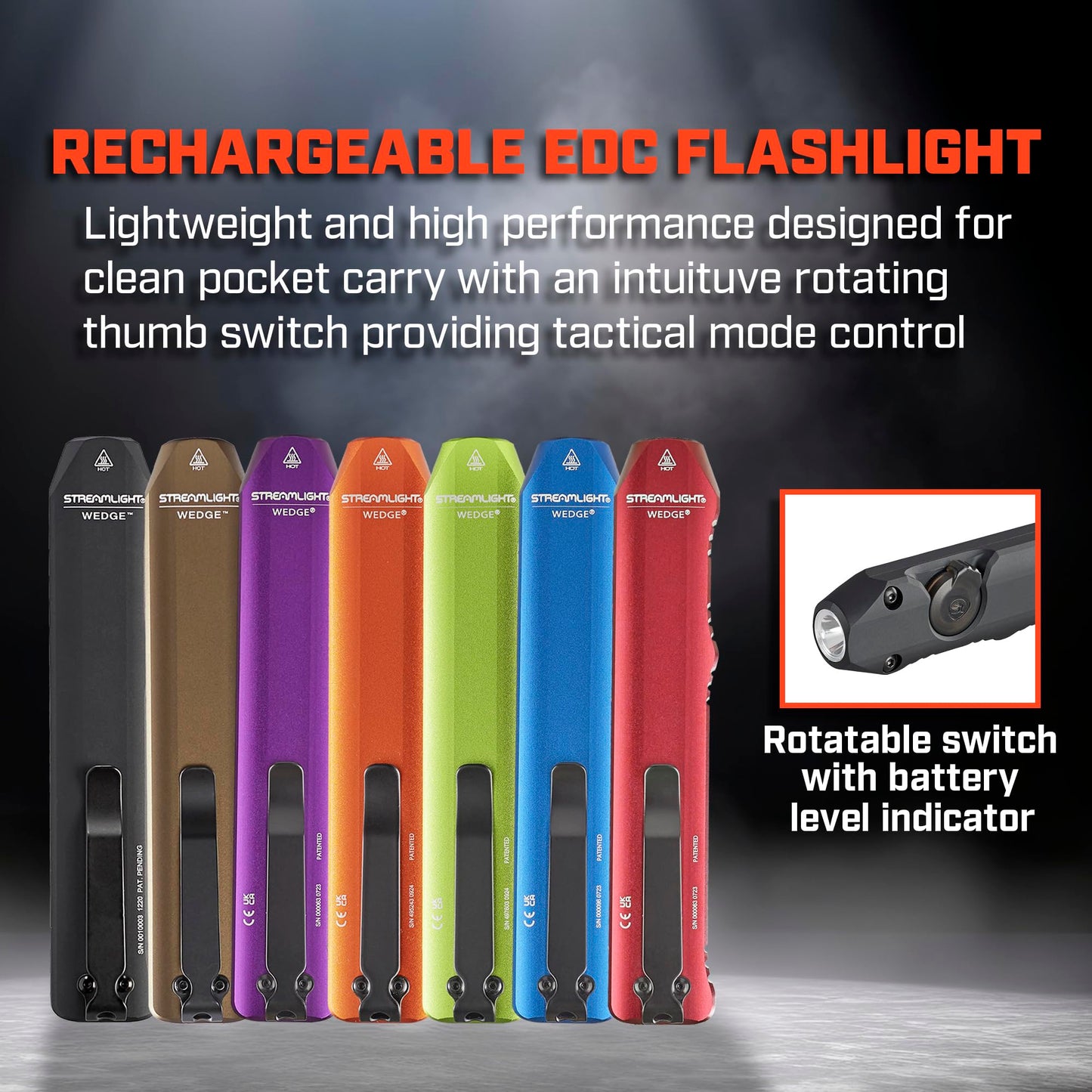 Streamlight 88818 Wedge 1,000-Lumen Max 300-Lumen Standard 1,200-Candela Flat Everyday Carry Flashlight, Includes USB-C Cable and Lanyard, Purple