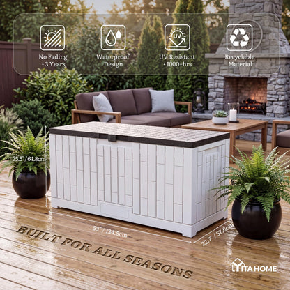 YITAHOME 120 Gallon Outdoor Storage Deck Box, Large Resin Patio Storage with Slide-Locking Black Lid, 2-Person Bench Seat for Outdoor Pillows, Garden Tools & Pool-Supplies, Waterproof, Grayish-White
