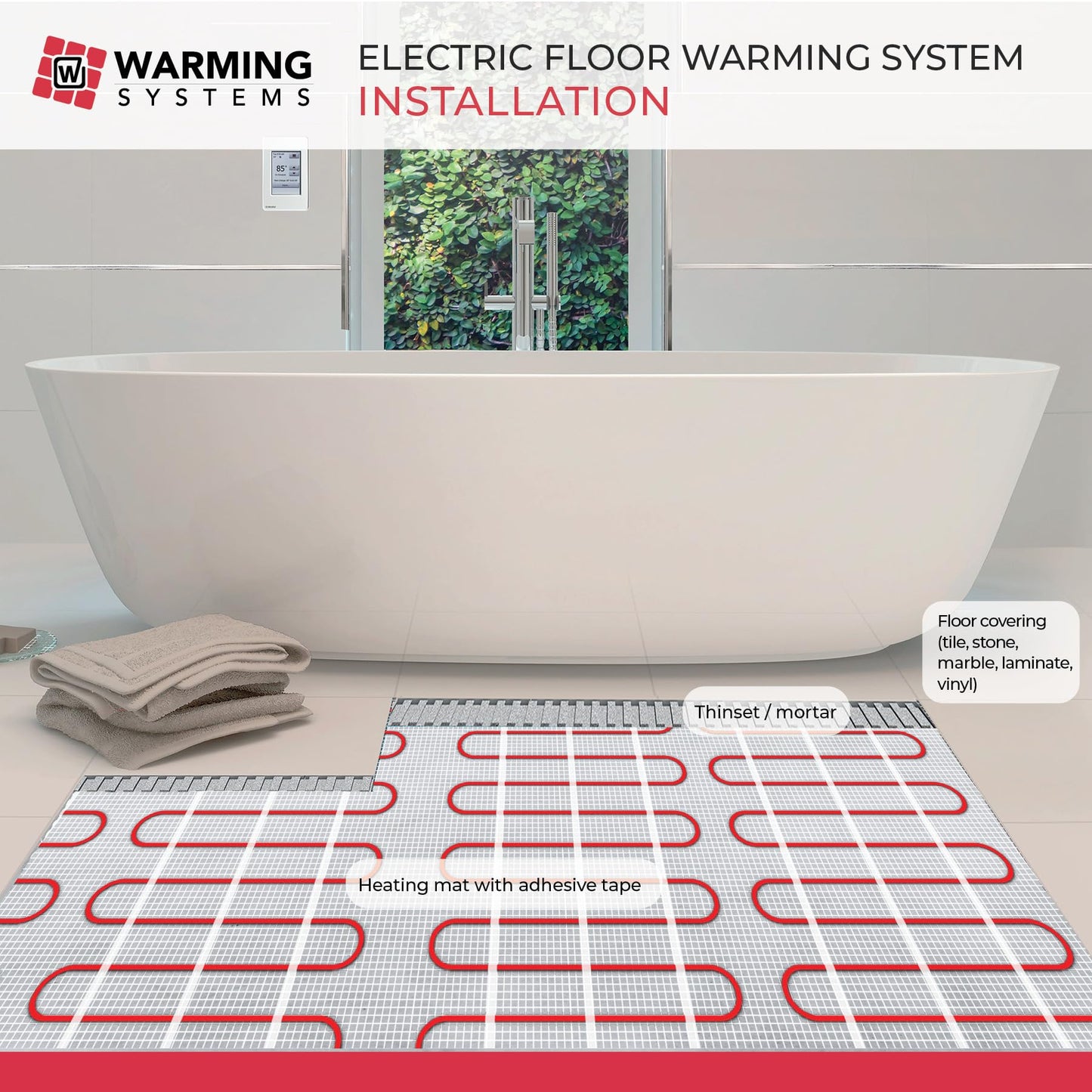 Warming Systems 10 Sqft Electric Radiant Floor Heating Mat – 120V Heated Tile Floor System with Programmable Thermostat (TH115), Floor Sensor, Installation Monitor & 25 Year Warranty, USA Made