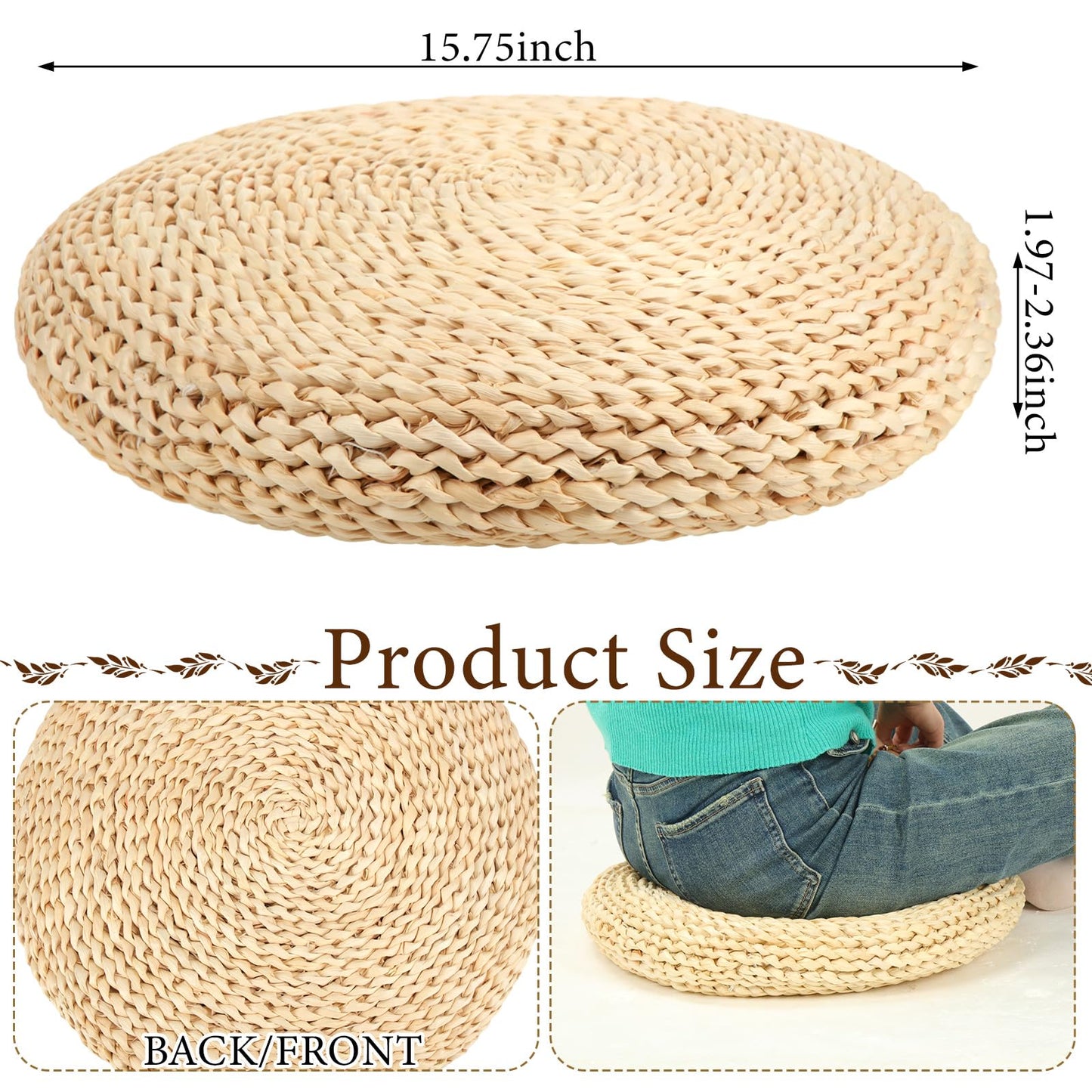 Barydat 8 Pcs Floor Cushions Round Large Pillow Seating Meditation Floor Pillow Boho Natural Woven Seat Cushion Japanese Tatami Cushion for Yoga Room Balcony Chair Pad, 15.75 Inch