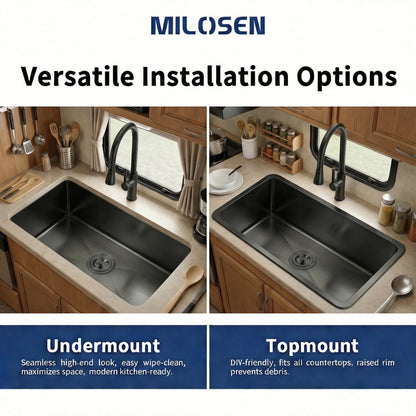 MILOSEN Black RV Kitchen Sink, 25''×15''×7'' 16 Gauge T304 Stainless Steel Drop-in/Undermount Black RV Sink, Single Bowl Sinks for Caravans/Campervans & Site Cabins, 7 inch Depth Outdoor Trailer Sinks