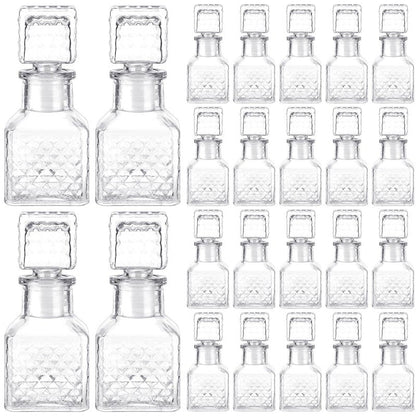 Chuangdi 24 Pcs Mini Glass Wine Bottles 1.7oz Glass Patron Bottles with Stopper Decorative Tequila Bottle for Whiskey Vanilla Extract Champagne Wedding Baby Shower Party Favors(Square Style)