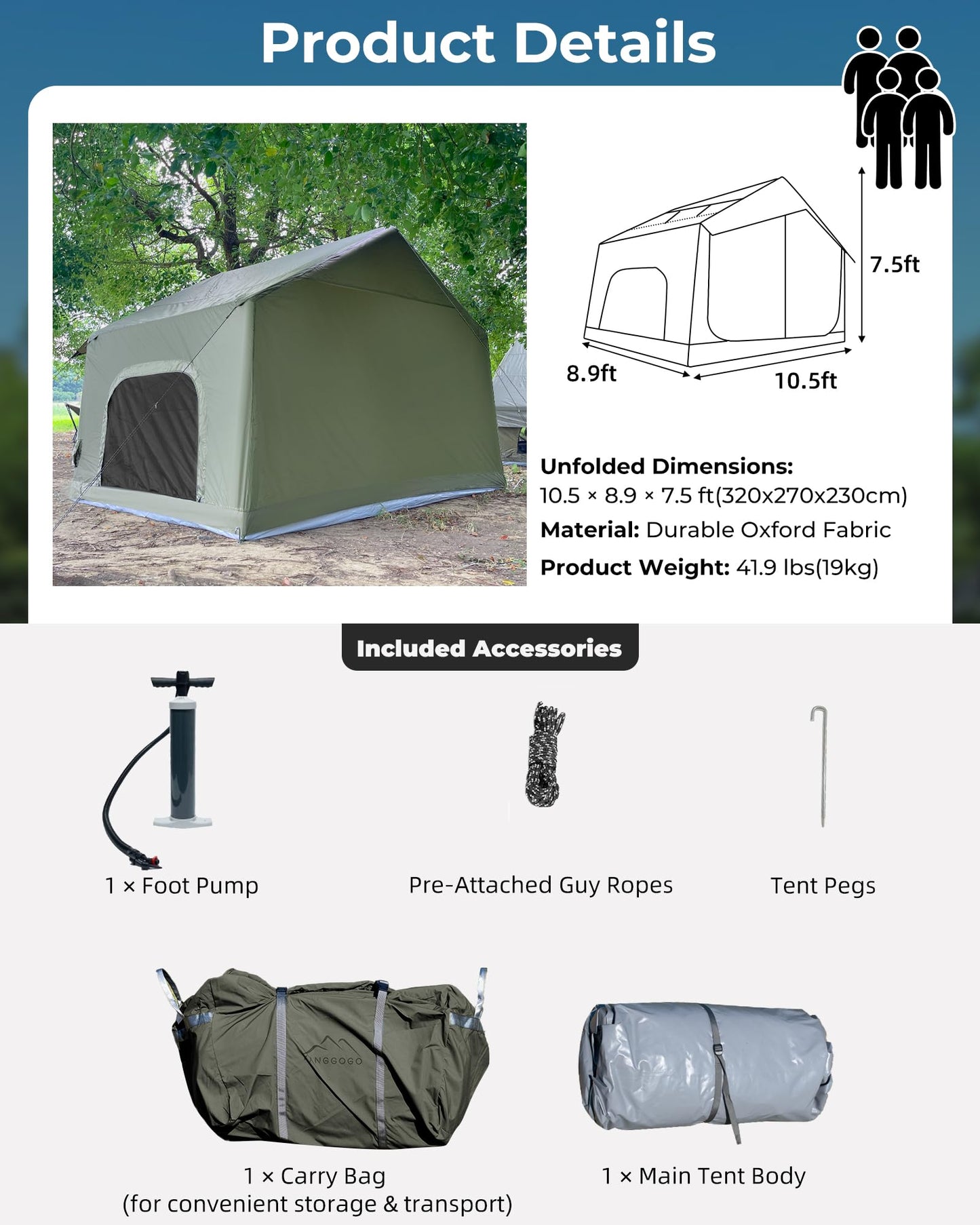 Inflatable Camping Tent for 3-4 Person, Oxford Fabric Blow Up Tent with Skylight, Easy 5-Minute Setup Air Tent, Waterproof Glamping Tent with Large Door & Windows for Family Camping, Festivals