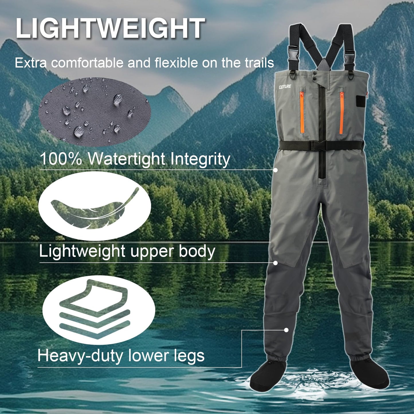 Goture 5-Layer Waterproof Zip Front Stocking Foot Waders, Breathable Fly Fishing Waders for Men Women with Handwarmer, Multiple Storage Pockets, Waist Belt, Fishing Chest Wader for Fishing XL