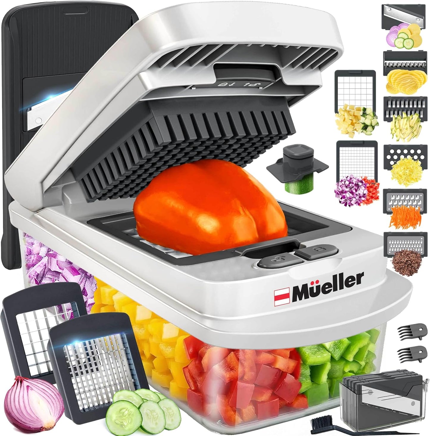 Mueller Vegetable Chopper - 10-in-1 Mandoline Slicer with 8 Blades & Container for Effortless Food Prep