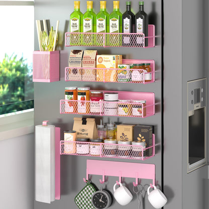 Magnetic Spice Rack for Refrigerator, 6 Pack 100% Metal Strong Magnet Shelf, Space Saving Spice Organizer, Home Kitchen Laundry Room Storage Organization W/ Paper Towel Holder, Utensils Racks (Grey)