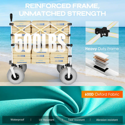 Navatiee 500Lbs Double Decker Wagon, 400L Large Capacity Heavy Duty Beach Cart with 9" Balloon Wheels for Sand, Folding Collapsible Wagon with Side Pocket for Beach, Sport, Camping, Light Blue
