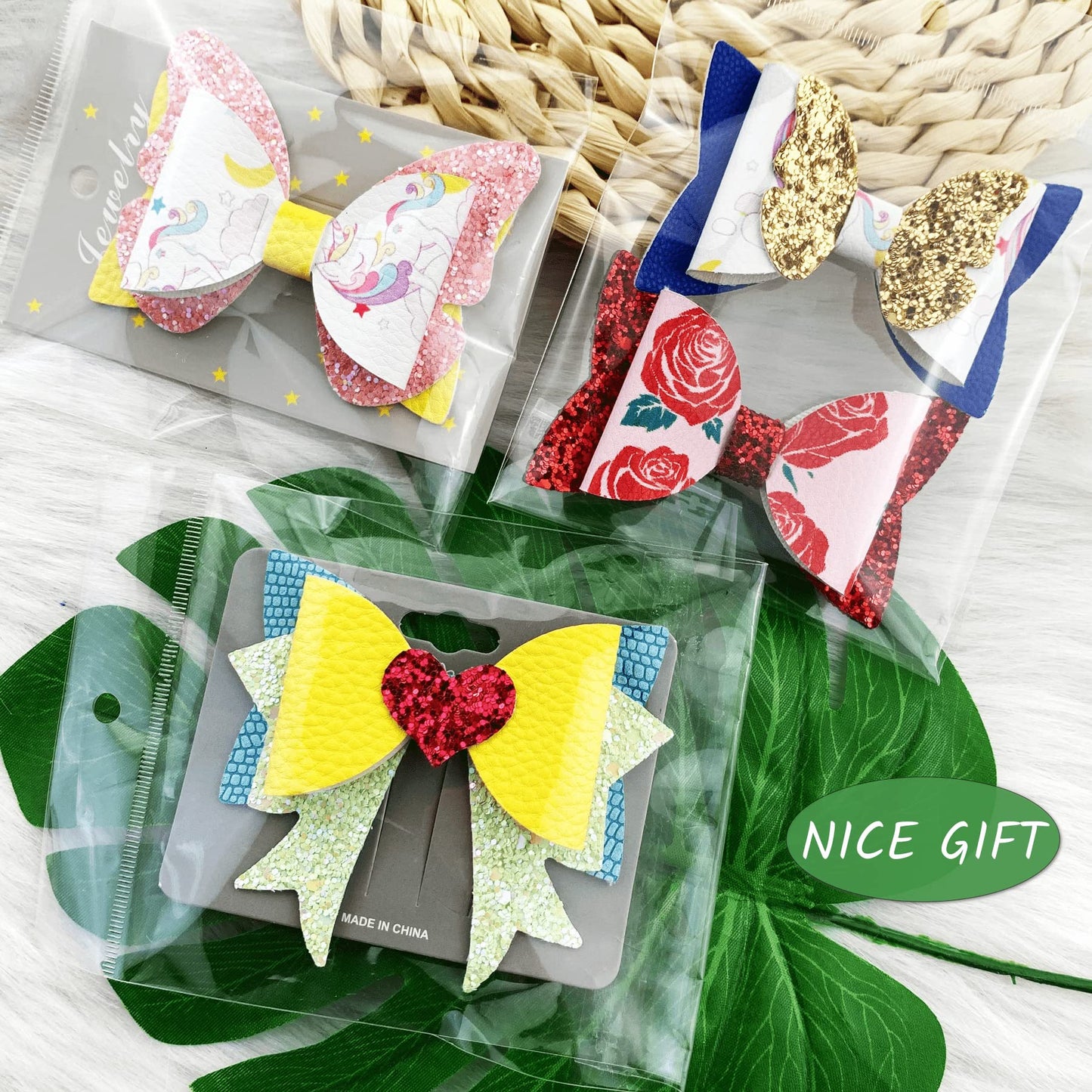 AOUXSEEM 348 Pcs 60 Set Faux Leather Hair Bows DIY Making Kit for Beginners, Contains Assorted Random Printed Glitter Solid Fabric Pre Cut Pieces, Make Stylish Hair Clips