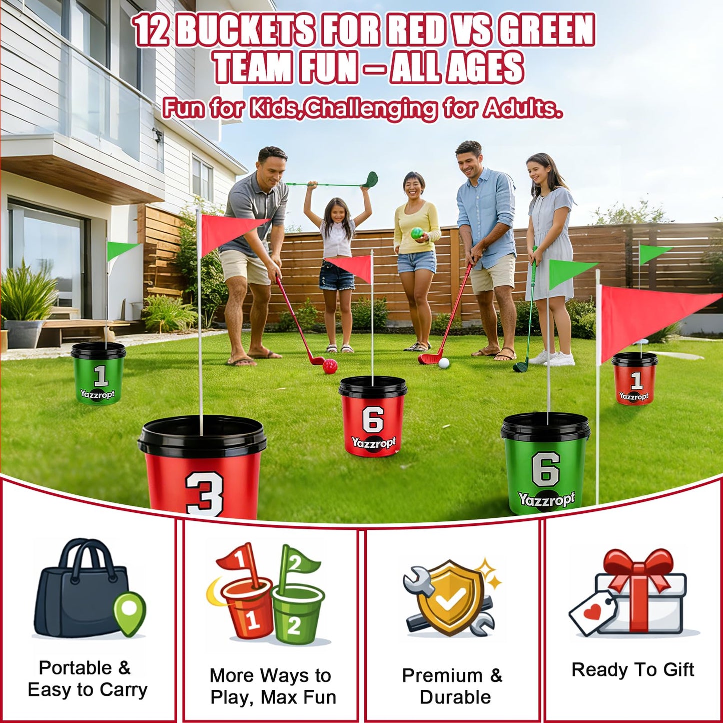 Yazzropt Giant 3-in-1 Outdoor Backyard Party Game Set – Bucket Golf, Yard Pong Basketball & Toss Games – Large Outdoor/Indoor Lawn Games for Adults & Families, Beach & Camping