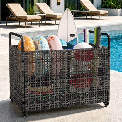 GarveeLife Heavy Duty Poolside Rattan Storage Bin Organizer, Outdoor Rolling Cart with Wheels & 2 Handles, Mesh Ventilated Pool Float Storage Rack for Noodles, Toys, Floats, Balls, Equipment, Brown