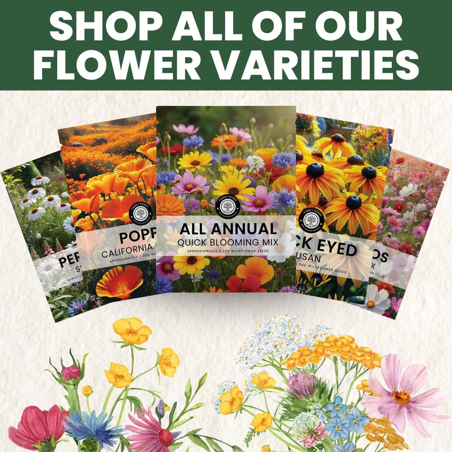 All Annual Quick Blooming Mix - 16,000 Wildflower Seeds for Planting - Large 1 Ounce Packet