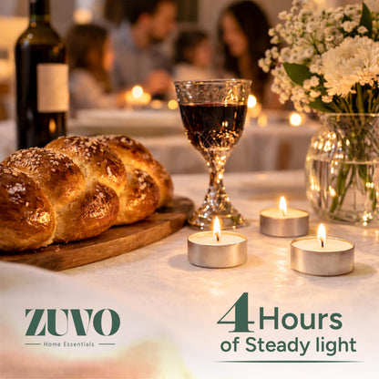 Zuvo Tea Lights Candles 4 Hour Burn (100 Pack) - White Lights - 1.5"W x 1"H Smokeless & Unscented Candles - Party Candles- for Weddings, Home Decor